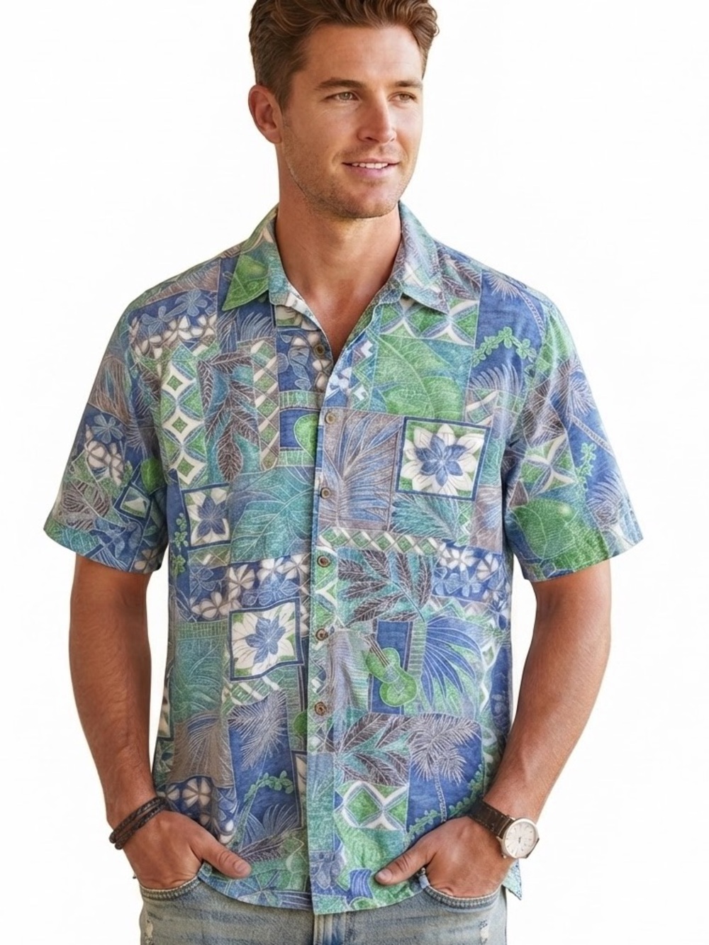 Cooke Street Honolulu Men's XL Blue Tropical Floral Hawaiian Aloha Shirt Resort